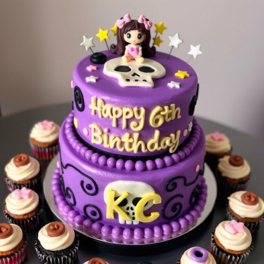 A beautifully decorated Kuromi-themed cake, showcasing vibrant colors in shades of purple, black, and white