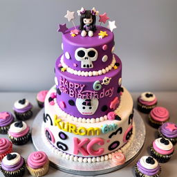 A beautifully decorated Kuromi-themed cake, showcasing vibrant colors in shades of purple, black, and white