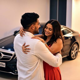 A charming scene featuring a man and a woman embracing lovingly, showcasing their connection in a warm moment