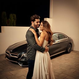 A charming scene featuring a man and a woman embracing lovingly, showcasing their connection in a warm moment