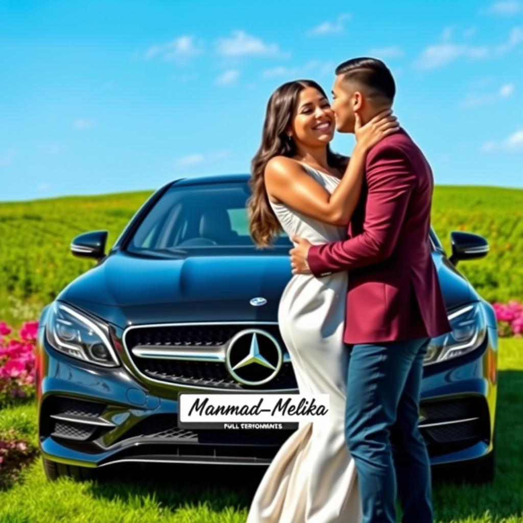 A romantic scene featuring a man and a woman embracing each other lovingly