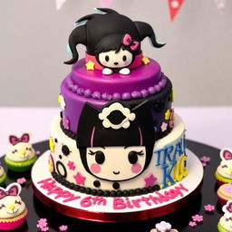 A vibrant Kuromi-themed birthday cake designed around the popular character Kuromi from Sanrio