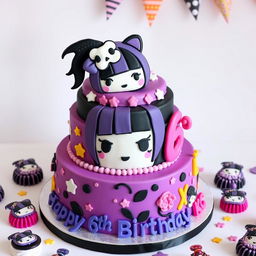 A vibrant Kuromi-themed birthday cake designed around the popular character Kuromi from Sanrio
