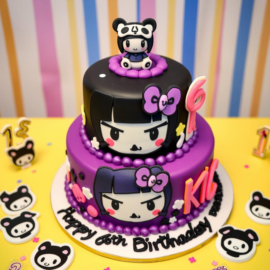 A vibrant Kuromi-themed birthday cake designed around the popular character Kuromi from Sanrio