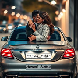 A man and a woman embracing each other lovingly, with a sleek Benz luxury car parked in the corner