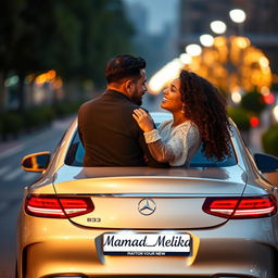 A man and a woman embracing each other lovingly, with a sleek Benz luxury car parked in the corner