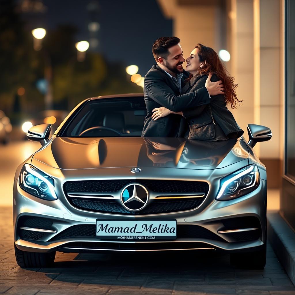 A man and a woman embracing each other lovingly, with a sleek Benz luxury car parked in the corner