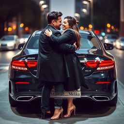 A man and a woman embracing each other lovingly, with a sleek Benz luxury car parked in the corner