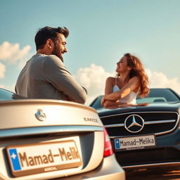 A romantic scene depicting a man and a woman embracing each other warmly, with a luxurious Benz car partially visible in the corner of the image