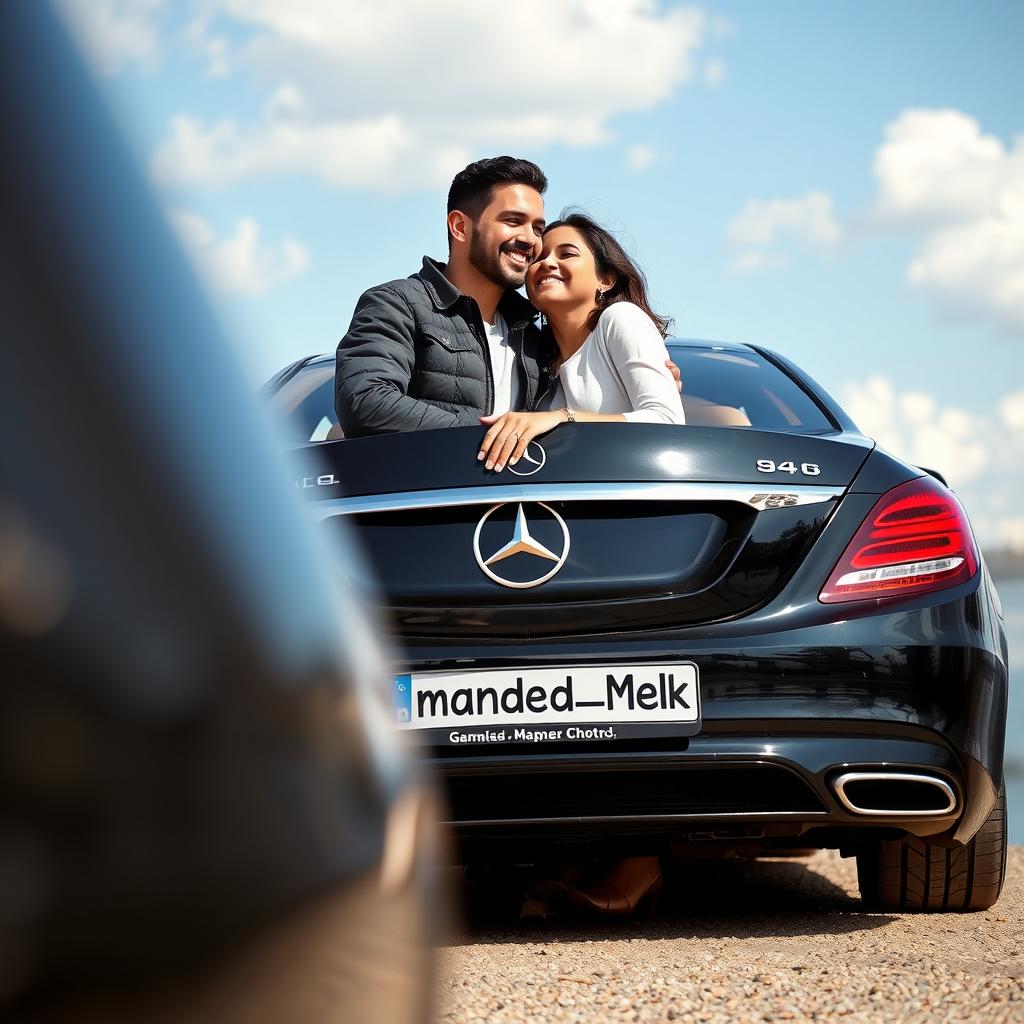 A romantic scene depicting a man and a woman embracing each other warmly, with a luxurious Benz car partially visible in the corner of the image
