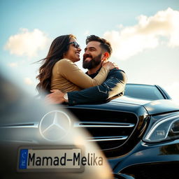 A romantic scene depicting a man and a woman embracing each other warmly, with a luxurious Benz car partially visible in the corner of the image
