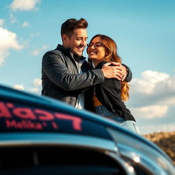 A romantic scene depicting a man and a woman embracing each other warmly, with a luxurious Benz car partially visible in the corner of the image