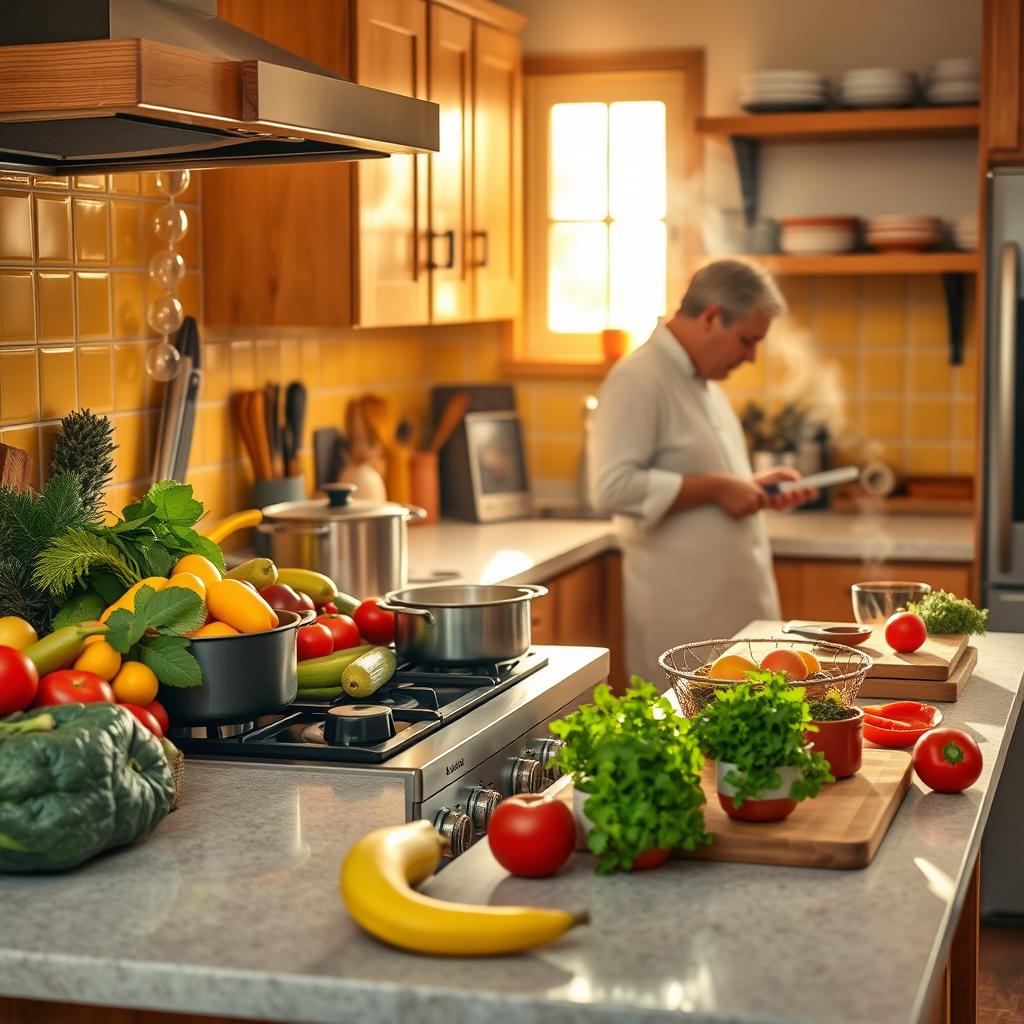A vibrant and lively kitchen scene filled with colorful fruits and vegetables on the counter