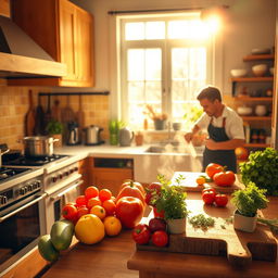 A vibrant and lively kitchen scene filled with colorful fruits and vegetables on the counter