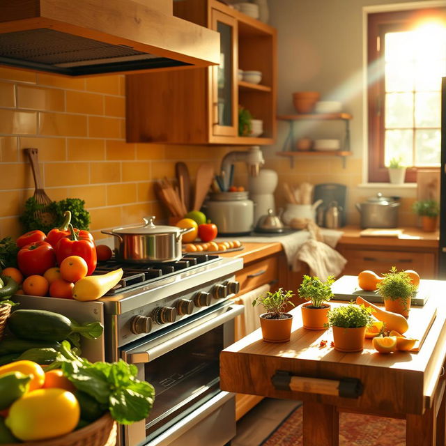 A vibrant and lively kitchen scene filled with colorful fruits and vegetables on the counter