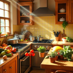 A vibrant and lively kitchen scene filled with colorful fruits and vegetables on the counter