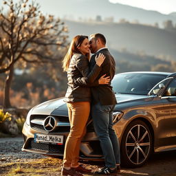 A romantic scene featuring a couple, a man and a woman, embracing each other affectionately