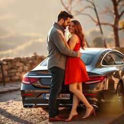 A romantic scene featuring a couple, a man and a woman, embracing each other affectionately