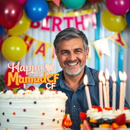 A cheerful celebration scene featuring a handsome middle-aged man with a joyful expression, surrounded by colorful birthday decorations