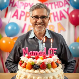 A cheerful celebration scene featuring a handsome middle-aged man with a joyful expression, surrounded by colorful birthday decorations
