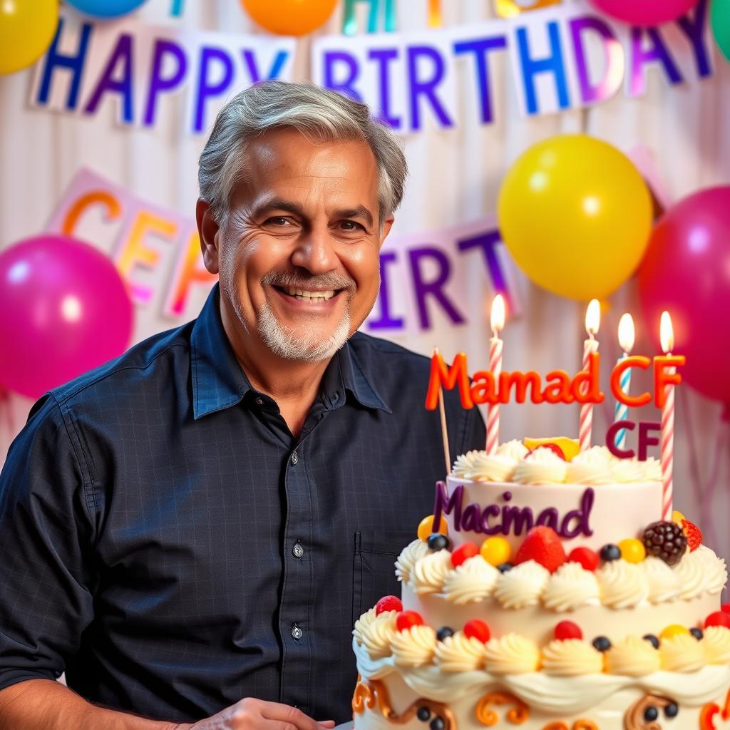 A cheerful celebration scene featuring a handsome middle-aged man with a joyful expression, surrounded by colorful birthday decorations