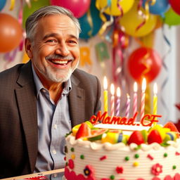 A joyful birthday scene featuring a well-groomed middle-aged man smiling broadly, celebrating his birthday