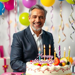 A joyful birthday scene featuring a well-groomed middle-aged man smiling broadly, celebrating his birthday