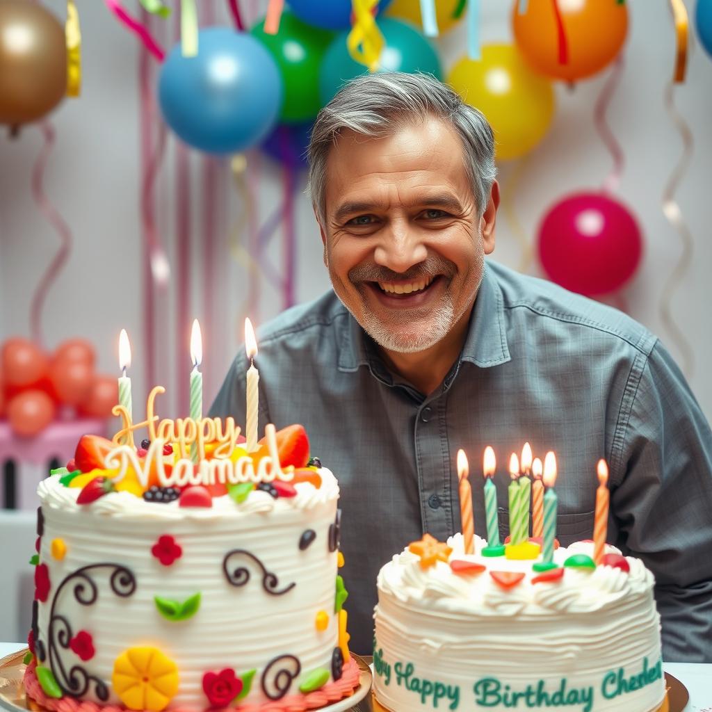 A joyful birthday scene featuring a well-groomed middle-aged man smiling broadly, celebrating his birthday