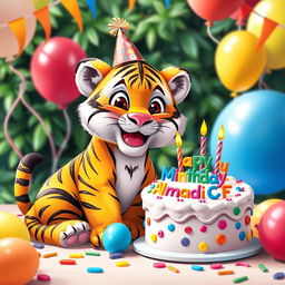 A whimsical scene featuring a playful tiger celebrating its birthday