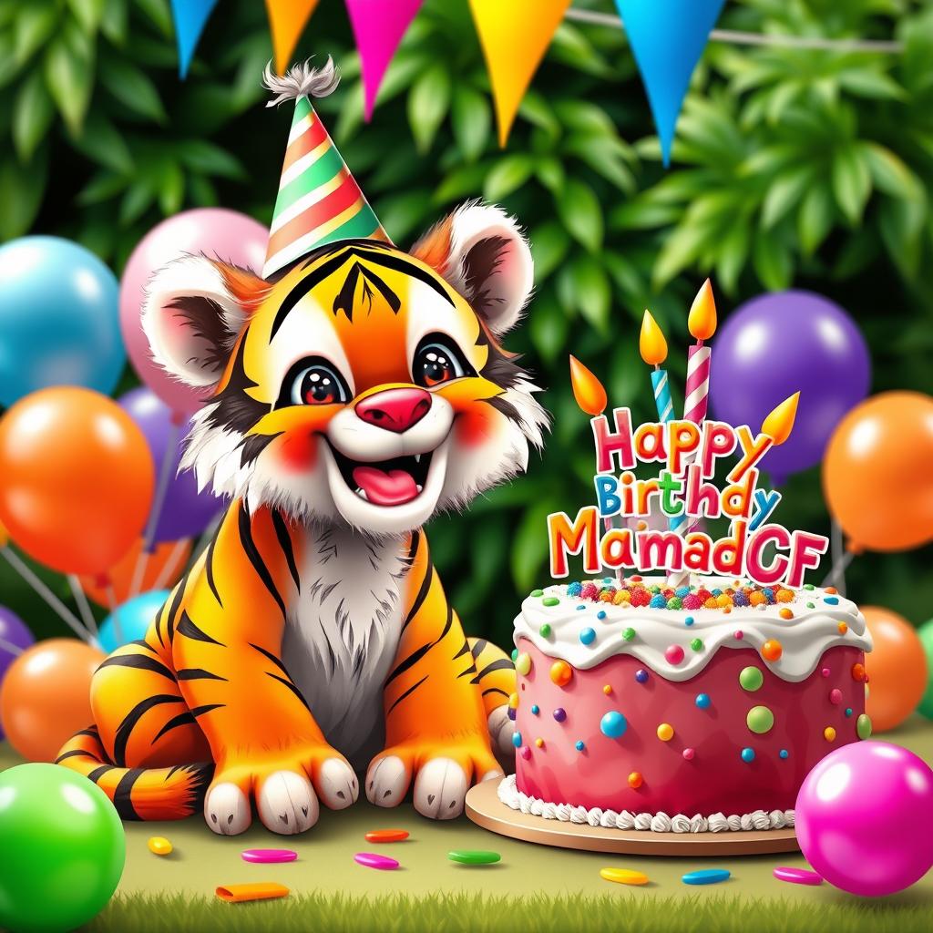 A whimsical scene featuring a playful tiger celebrating its birthday