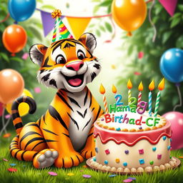 A whimsical scene featuring a playful tiger celebrating its birthday