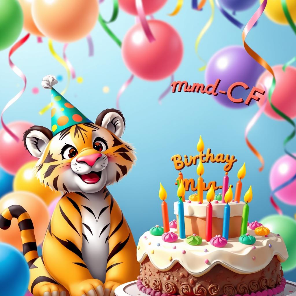 A delightful scene featuring a cheerful tiger celebrating its birthday