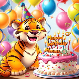 A delightful scene featuring a cheerful tiger celebrating its birthday
