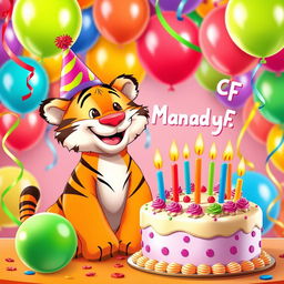 A delightful scene featuring a cheerful tiger celebrating its birthday