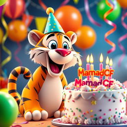 A vibrant and cheerful scene featuring a cartoon-style tiger celebrating its birthday