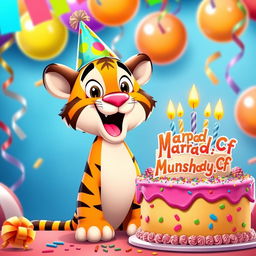 A vibrant and cheerful scene featuring a cartoon-style tiger celebrating its birthday