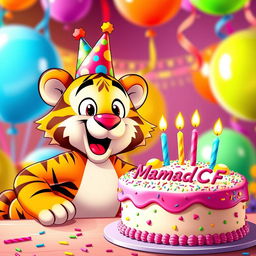 A vibrant and cheerful scene featuring a cartoon-style tiger celebrating its birthday