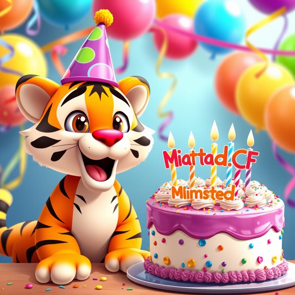 A vibrant and cheerful scene featuring a cartoon-style tiger celebrating its birthday