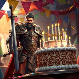 An impressive scene featuring a strong warrior celebrating his birthday
