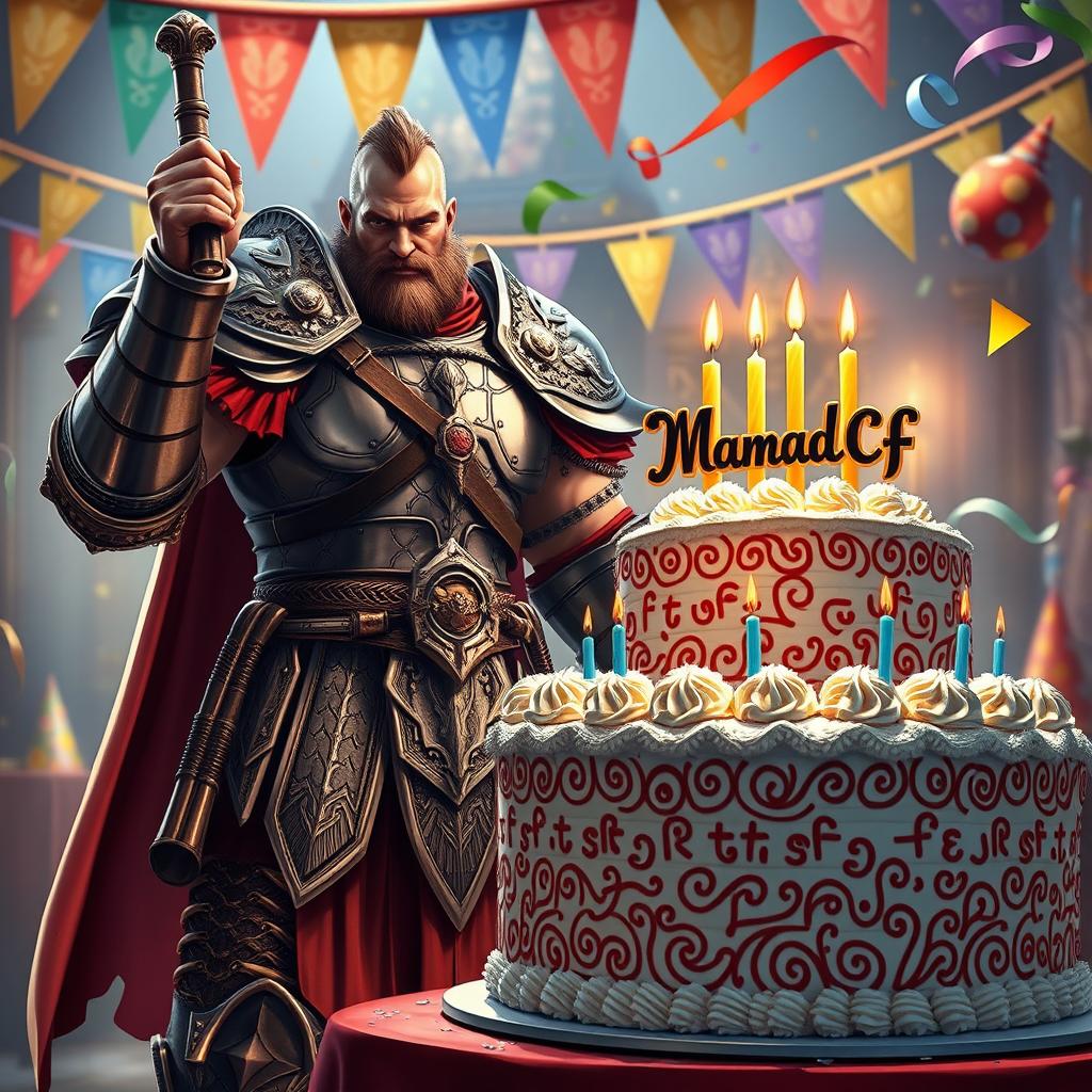An impressive scene featuring a strong warrior celebrating his birthday