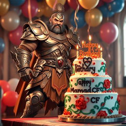 A powerful warrior celebrating his birthday, standing proudly next to a beautifully decorated cake