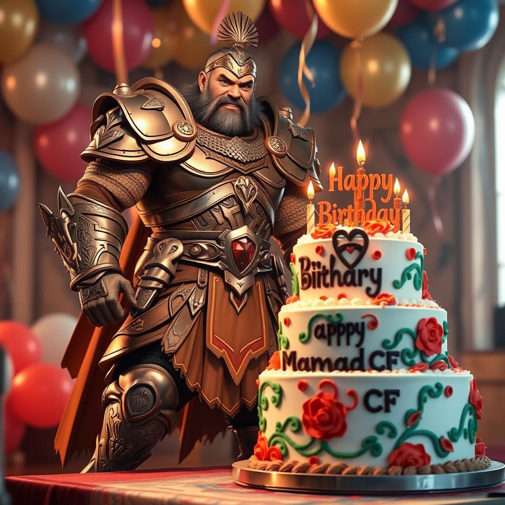 A powerful warrior celebrating his birthday, standing proudly next to a beautifully decorated cake