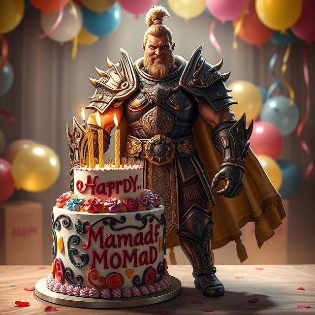 A powerful warrior celebrating his birthday, standing proudly next to a beautifully decorated cake