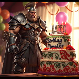 A powerful warrior celebrating his birthday, standing proudly next to a beautifully decorated cake