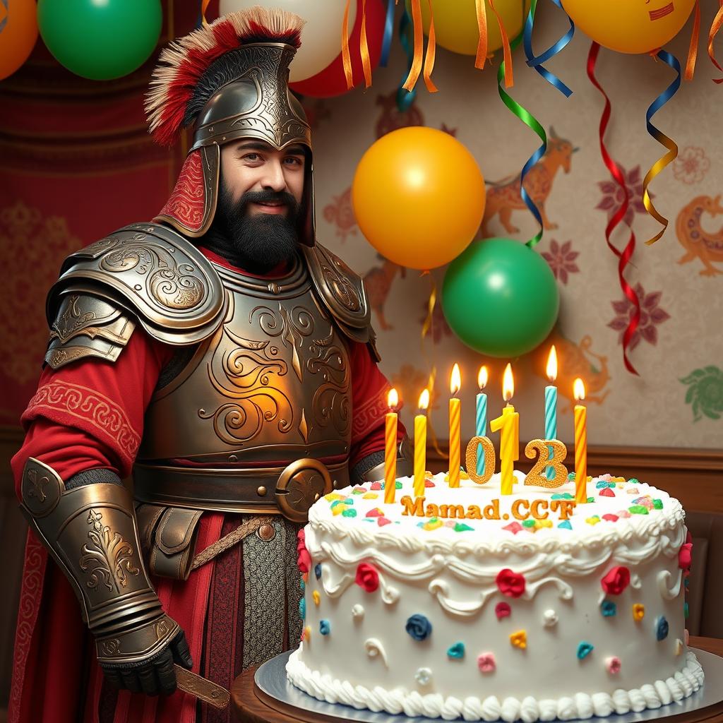 An Iranian warrior celebrating his birthday, exuding a sense of pride and strength