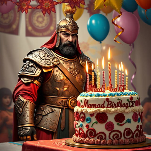 An Iranian warrior celebrating his birthday, exuding a sense of pride and strength