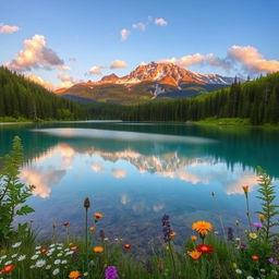 a serene landscape featuring a majestic mountain range in the background, fluffy white clouds drifting in a bright blue sky, a crystal-clear lake reflecting the mountains, surrounded by lush green forests with wildflowers blooming at the lakeshore, the sun setting in warm hues of orange and pink, creating a tranquil atmosphere