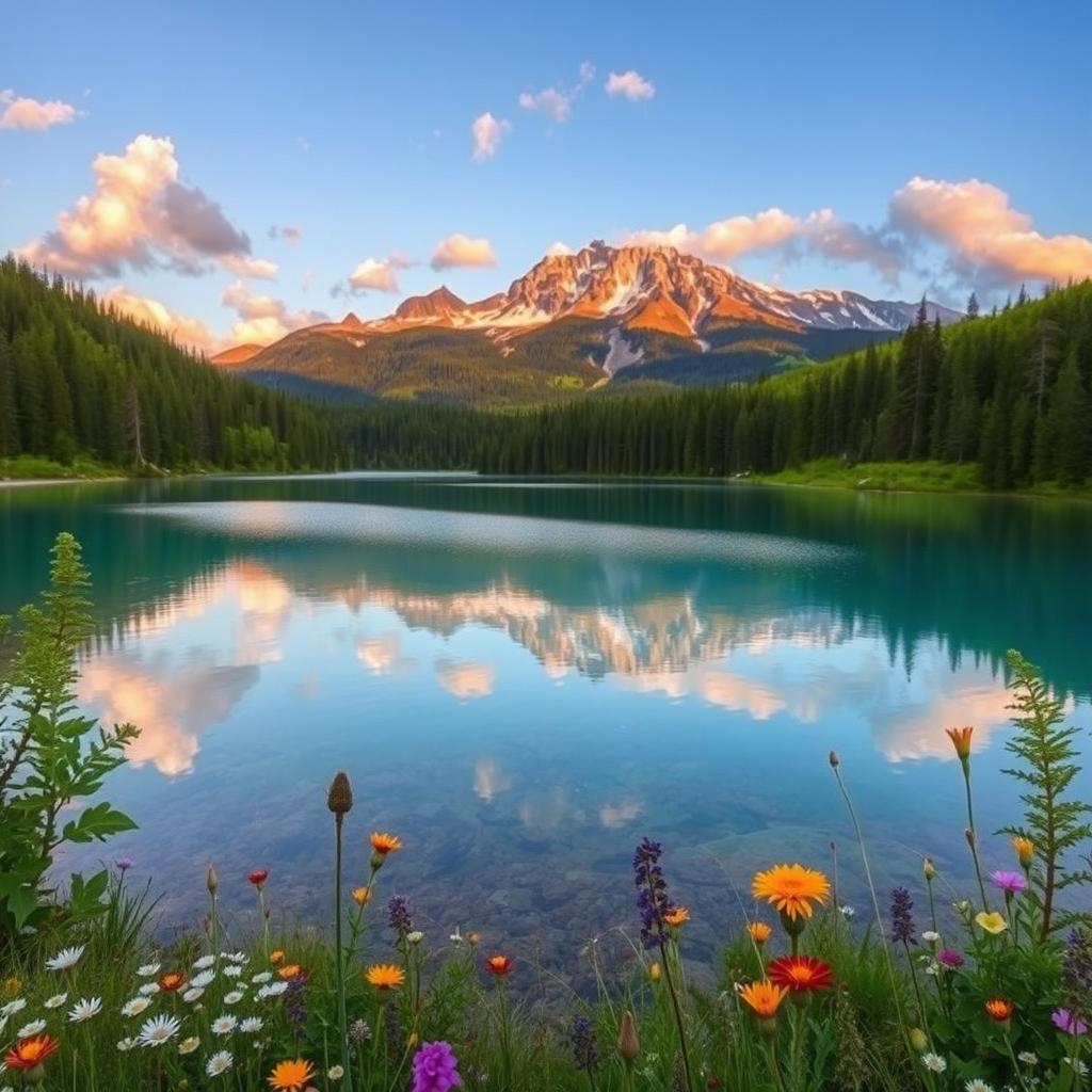 a serene landscape featuring a majestic mountain range in the background, fluffy white clouds drifting in a bright blue sky, a crystal-clear lake reflecting the mountains, surrounded by lush green forests with wildflowers blooming at the lakeshore, the sun setting in warm hues of orange and pink, creating a tranquil atmosphere