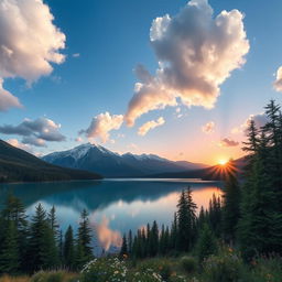 a serene landscape featuring a majestic mountain range in the background, fluffy white clouds drifting in a bright blue sky, a crystal-clear lake reflecting the mountains, surrounded by lush green forests with wildflowers blooming at the lakeshore, the sun setting in warm hues of orange and pink, creating a tranquil atmosphere