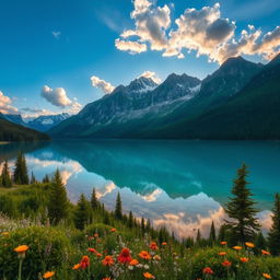 a serene landscape featuring a majestic mountain range in the background, fluffy white clouds drifting in a bright blue sky, a crystal-clear lake reflecting the mountains, surrounded by lush green forests with wildflowers blooming at the lakeshore, the sun setting in warm hues of orange and pink, creating a tranquil atmosphere